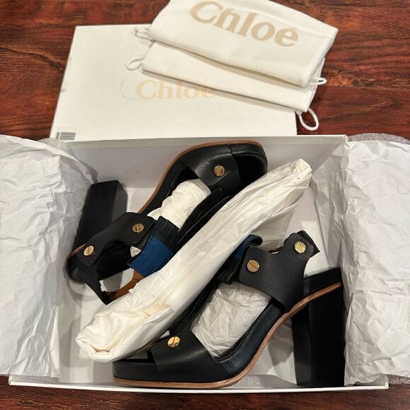 Chloe Black Leather Fringes Block Heel Sandals Size 38 - Picture 12 of 13